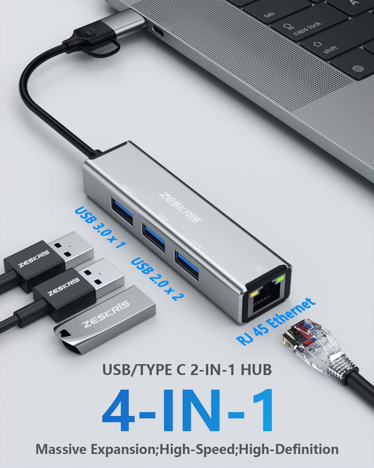 ZESKRIS 4 in 1 USB C Hub with 100Mbps Ethernet Port
