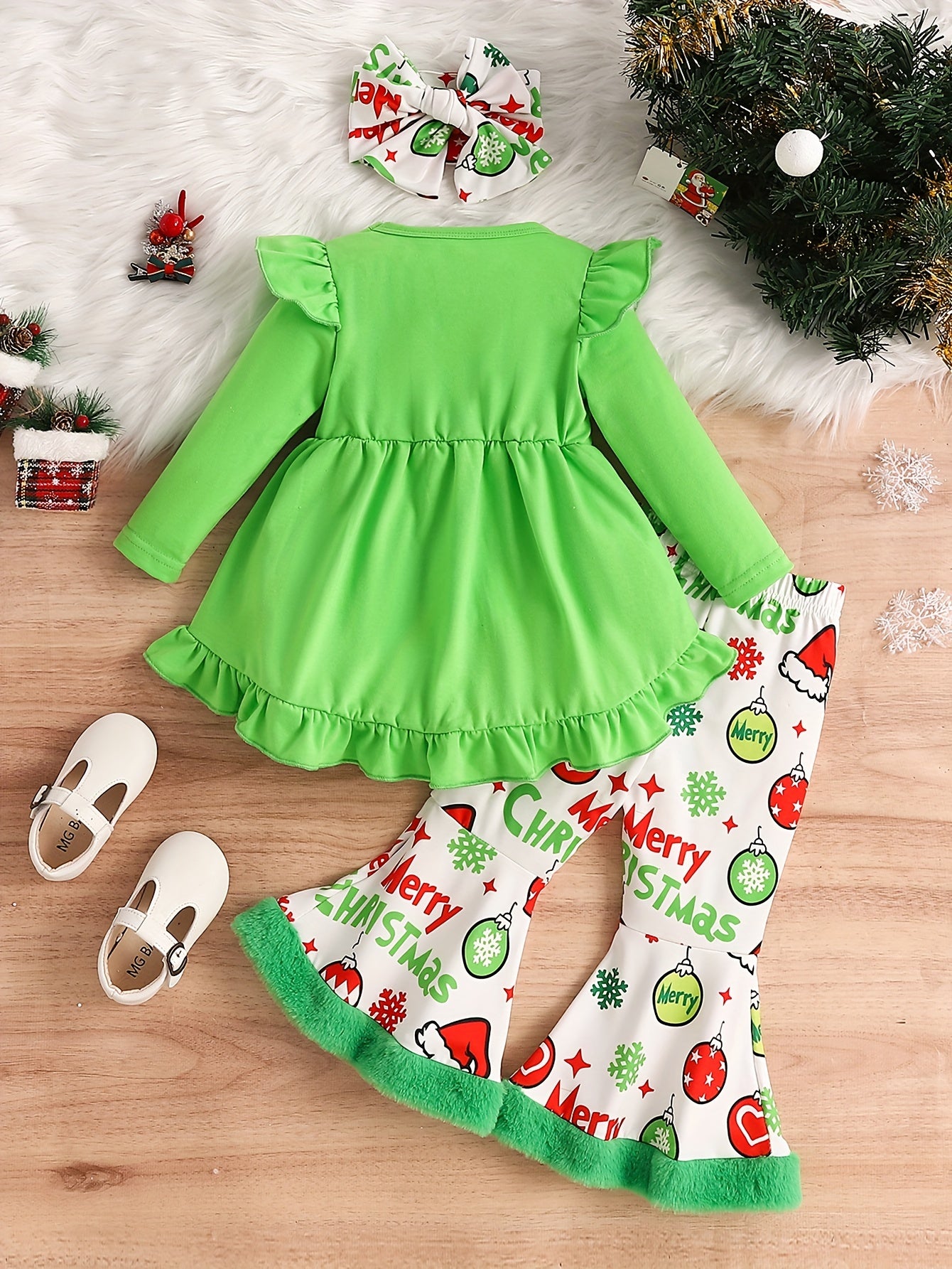 2pcs Baby's Creative Christmas Style Flared Pants & Hairband & Ruffle Trim Long Sleeve Peplum Top Outdoor Set, Toddler & Infant Girl's Clothes For Spring/Fall Holiday & Daily Wear