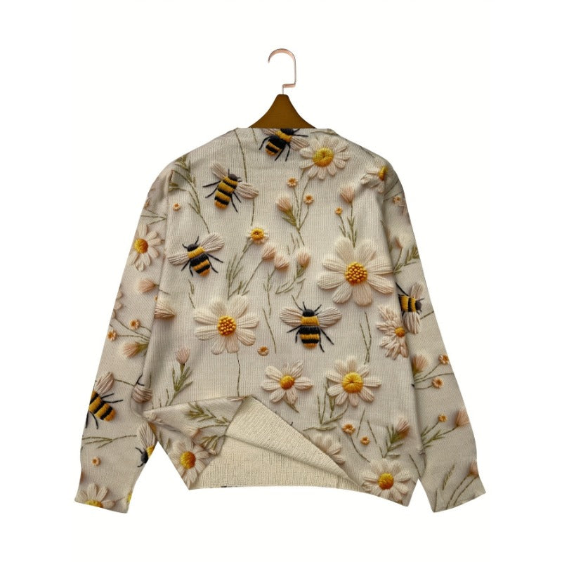 Floral ＆ Bee Pattern Crew Neck Sweater, Casual Long Sleeve Sweater For Fall & Winter, Women's Clothing