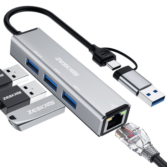 ZESKRIS 4 in 1 USB C Hub with 100Mbps Ethernet Port, 1 USB 3.0 and 2 USB 2.0 Ports
