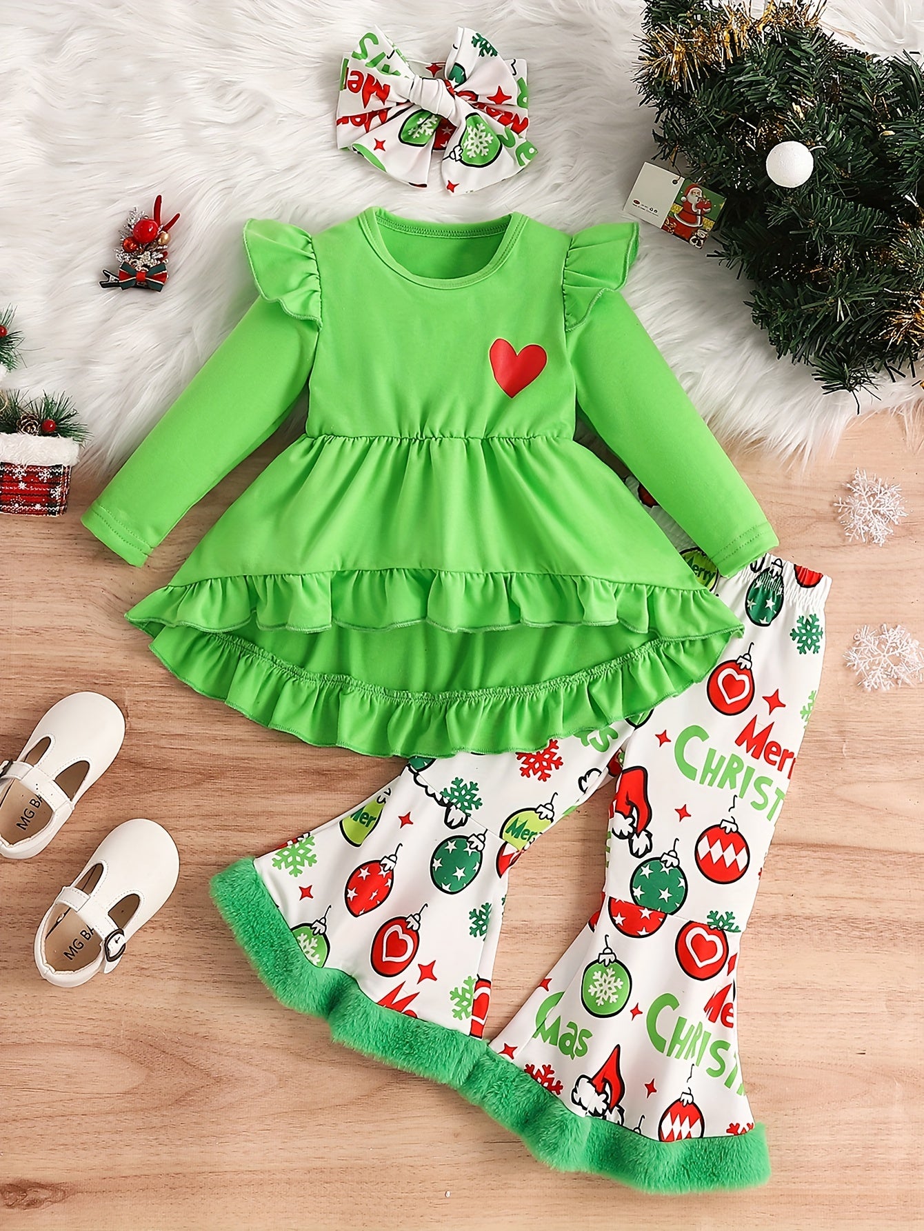 2pcs Baby's Creative Christmas Style Flared Pants & Hairband & Ruffle Trim Long Sleeve Peplum Top Outdoor Set, Toddler & Infant Girl's Clothes For Spring/Fall Holiday & Daily Wear