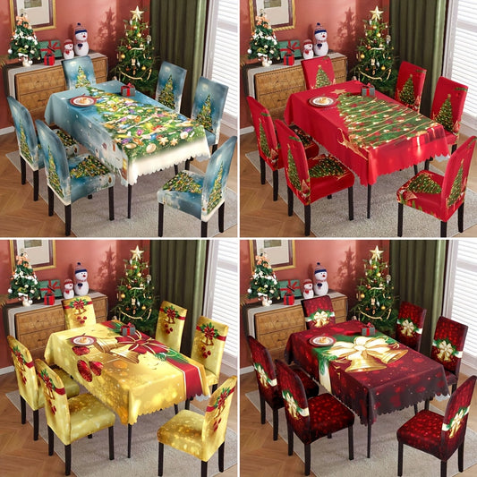 Set of 7 Christmas Printed Table Runner and Chair Covers, Waterproof and Oil-Proof, Decorative Table Runner, Table and Chair Set, 6 Chair Covers, 1 Table Runner