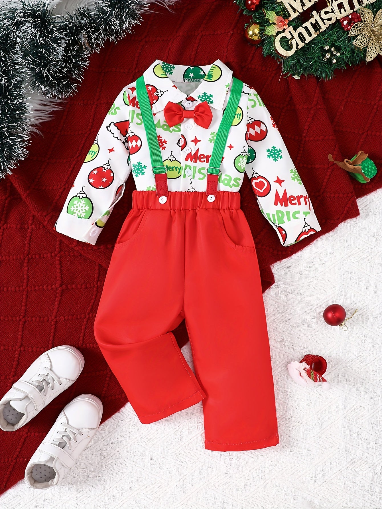 2Pcs Toddler Baby Boys Christmas Gentleman Outfits Long Sleeve Shirt Tops With Bow Tie + Suspender Trousers, Outdoor Cloth