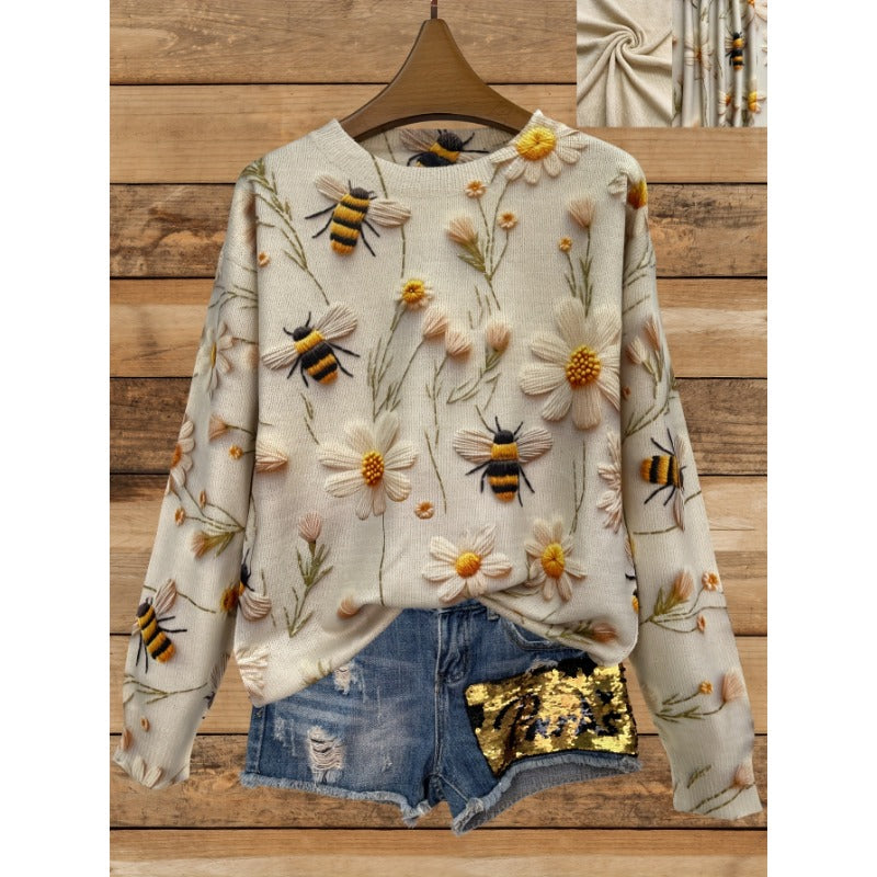 Floral ＆ Bee Pattern Crew Neck Sweater, Casual Long Sleeve Sweater For Fall & Winter, Women's Clothing