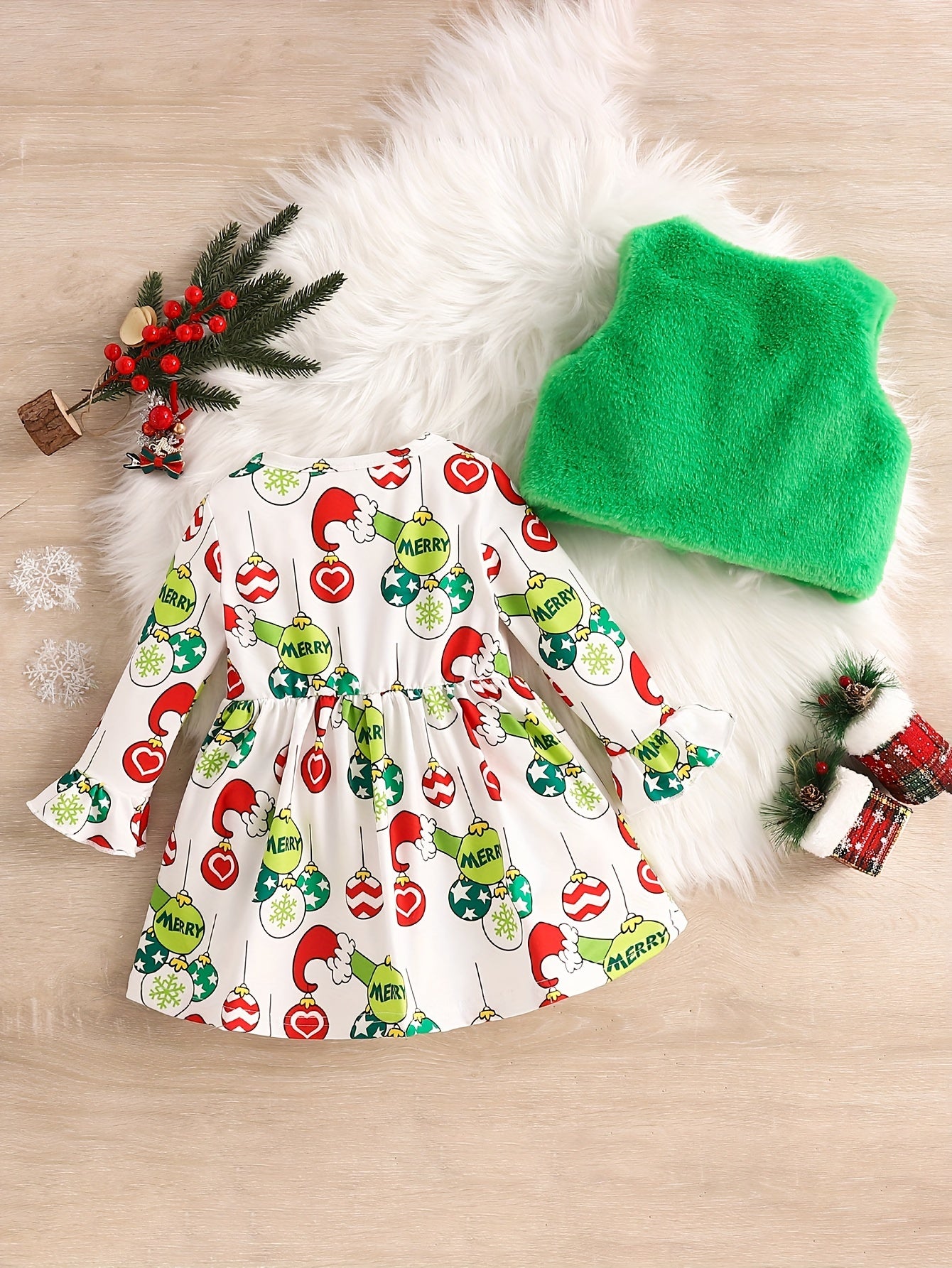 Baby Girl Dress Outfit Infant Girls Crew Neck Long Sleeves Christmas Cartoon Prints Casual Party Dress + Vest Coat Set