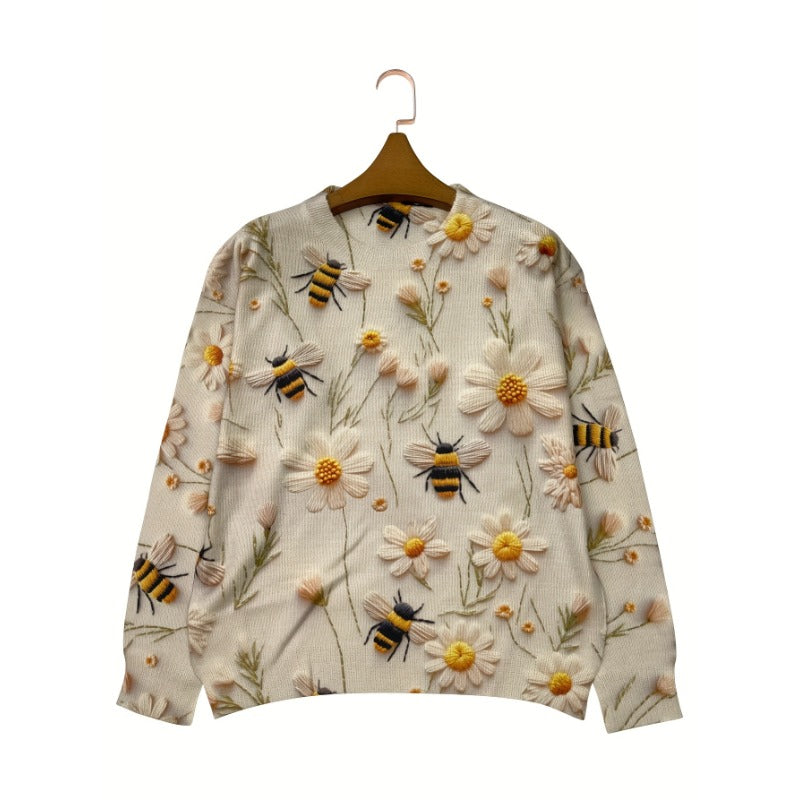 Floral ＆ Bee Pattern Crew Neck Sweater, Casual Long Sleeve Sweater For Fall & Winter, Women's Clothing