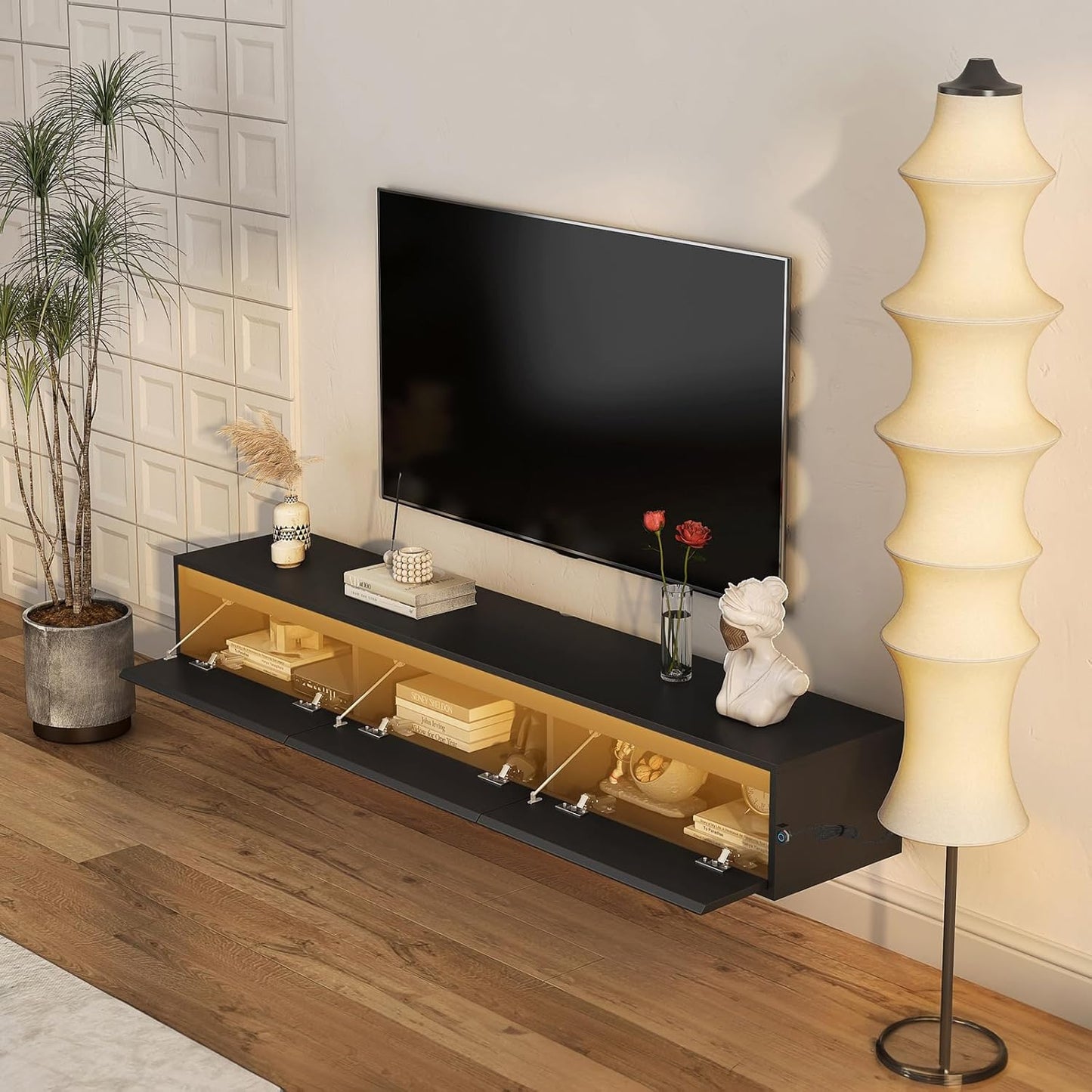 Floating TV Stand Wall Mounted TV Shelf with LED Lights & Power Outlet-- US Local Warehouse