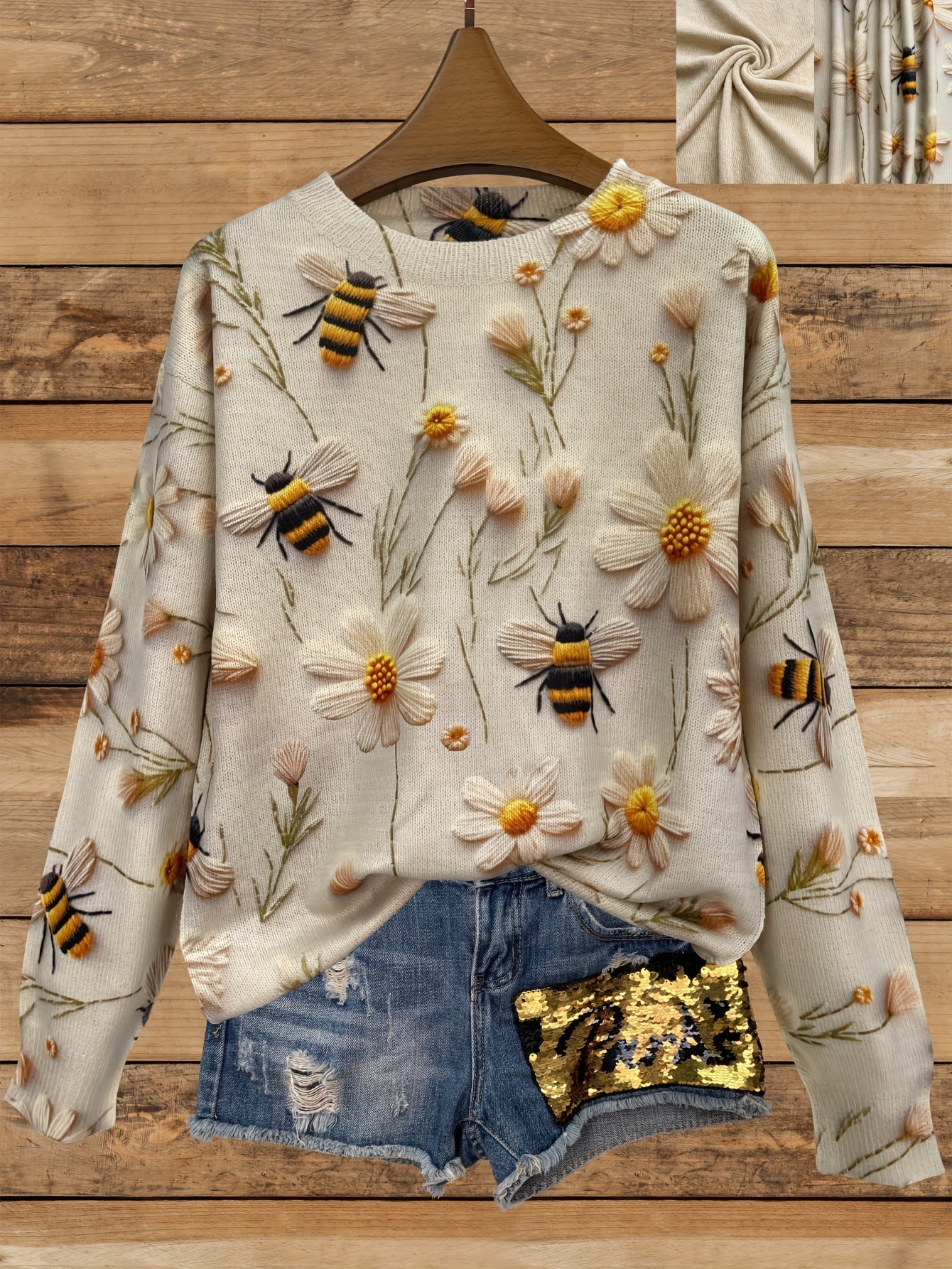 Floral ＆ Bee Pattern Crew Neck Sweater, Casual Long Sleeve Sweater For Fall & Winter, Women's Clothing