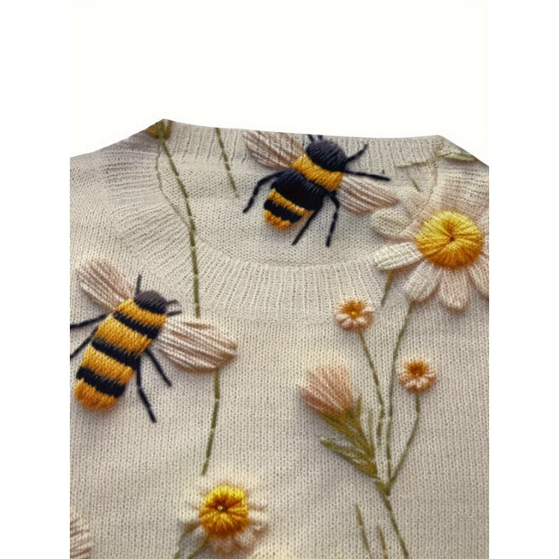 Floral ＆ Bee Pattern Crew Neck Sweater, Casual Long Sleeve Sweater For Fall & Winter, Women's Clothing