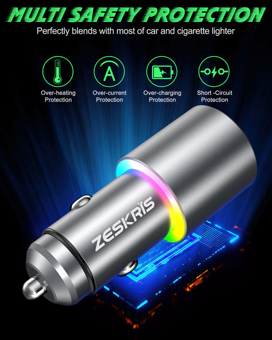 ZESKRIS 53W USB C Car Charger All Metal Dual Ports Cigarette Lighter USB Charger