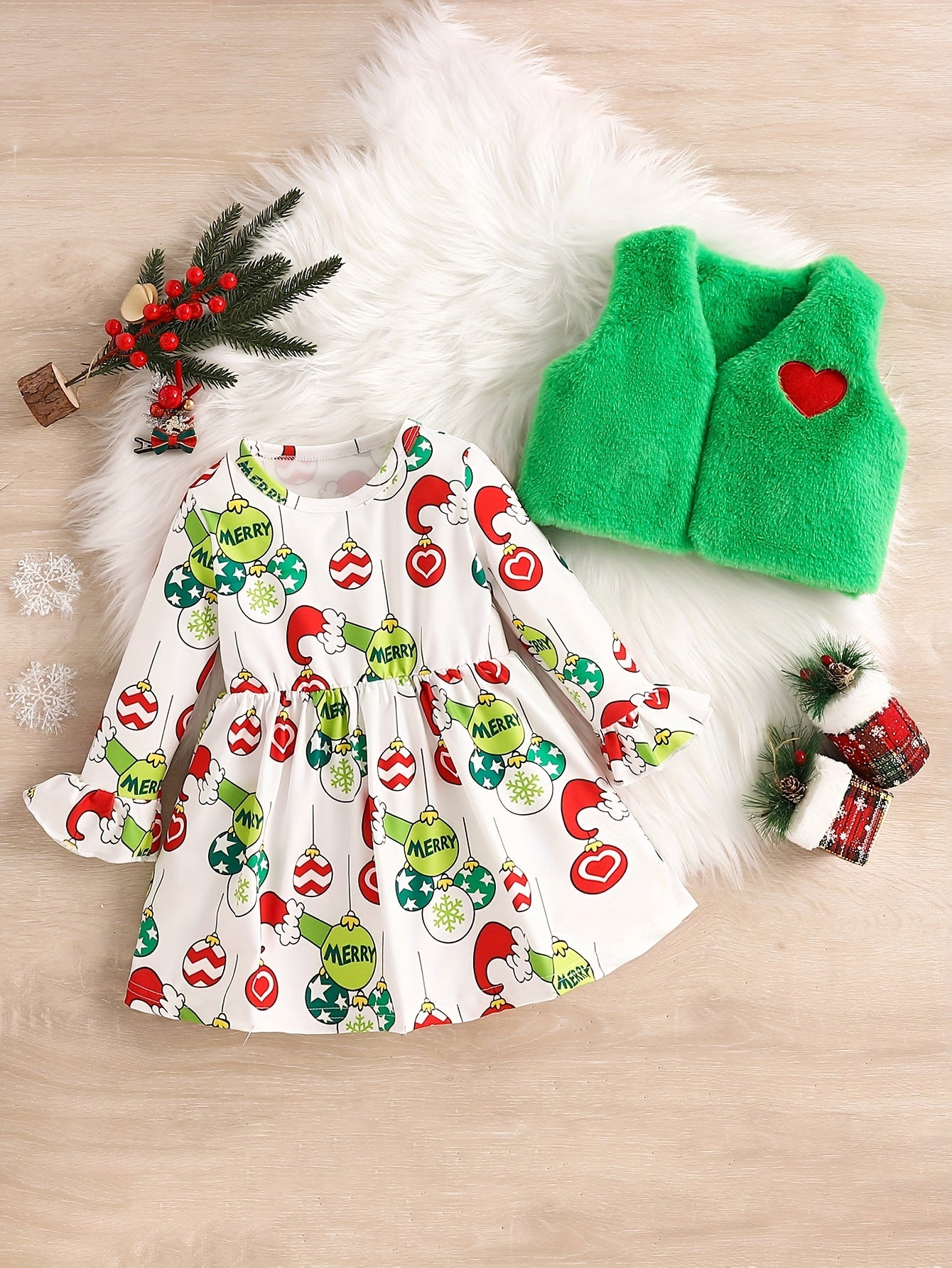 Baby Girl Dress Outfit Infant Girls Crew Neck Long Sleeves Christmas Cartoon Prints Casual Party Dress + Vest Coat Set