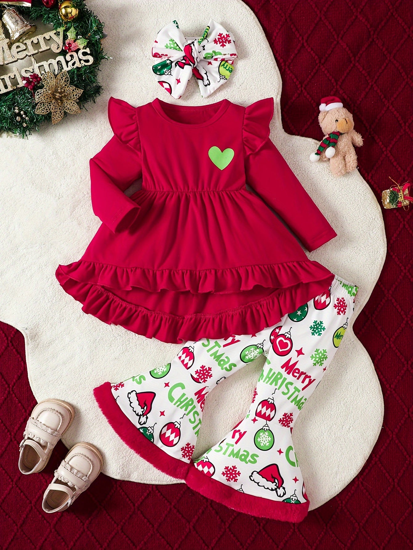 2pcs Baby's Creative Christmas Style Flared Pants & Hairband & Ruffle Trim Long Sleeve Peplum Top Outdoor Set, Toddler & Infant Girl's Clothes For Spring/Fall Holiday & Daily Wear