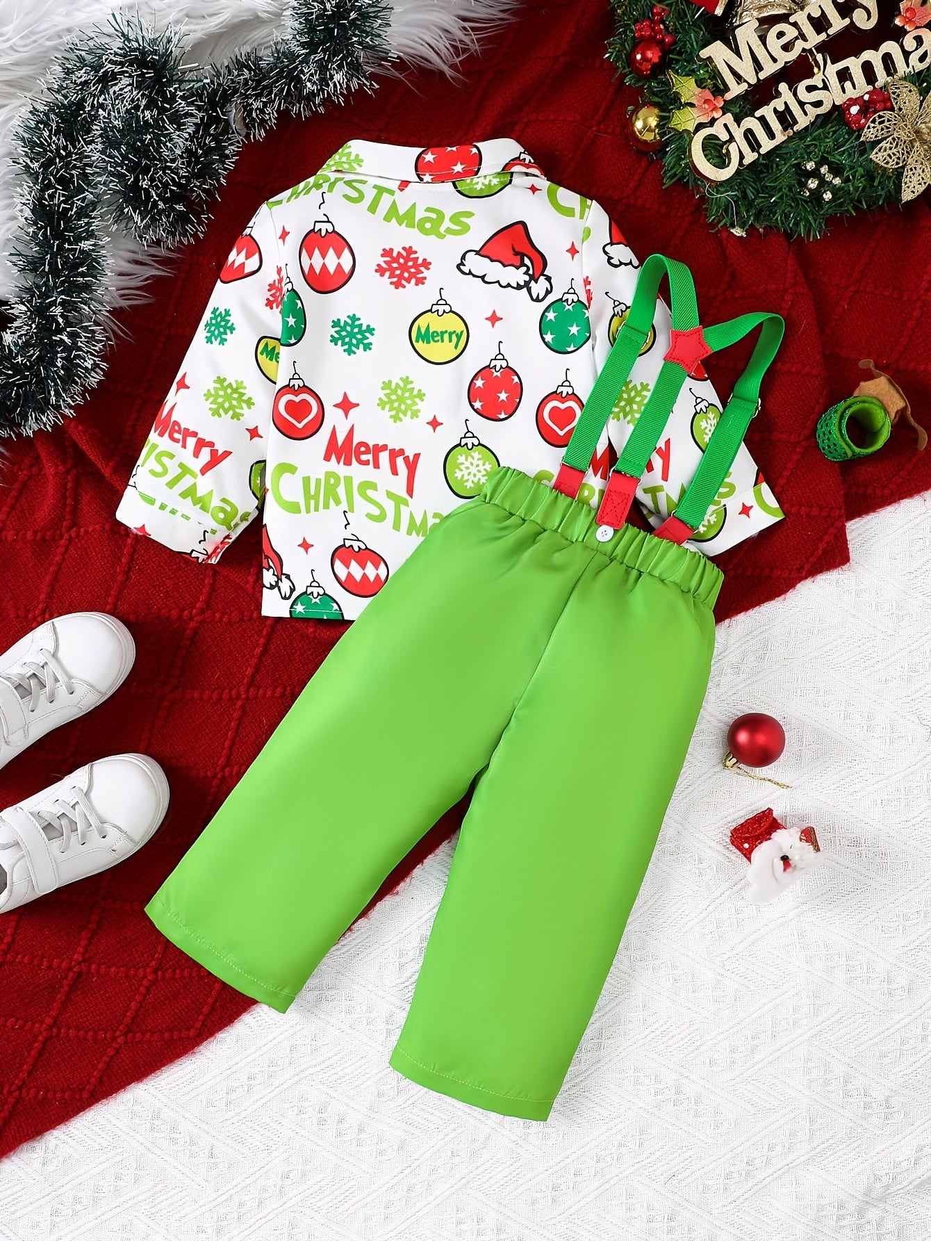 2Pcs Toddler Baby Boys Christmas Gentleman Outfits Long Sleeve Shirt Tops With Bow Tie + Suspender Trousers, Outdoor Cloth