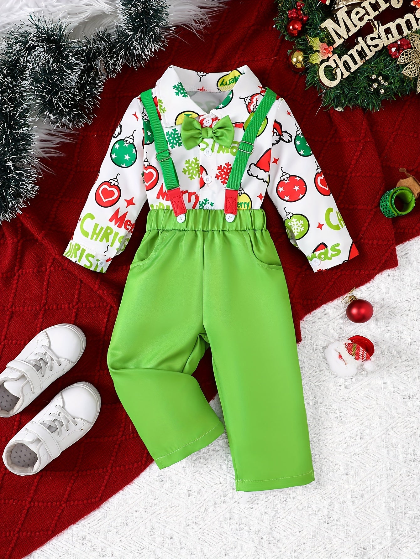 2Pcs Toddler Baby Boys Christmas Gentleman Outfits Long Sleeve Shirt Tops With Bow Tie + Suspender Trousers, Outdoor Cloth